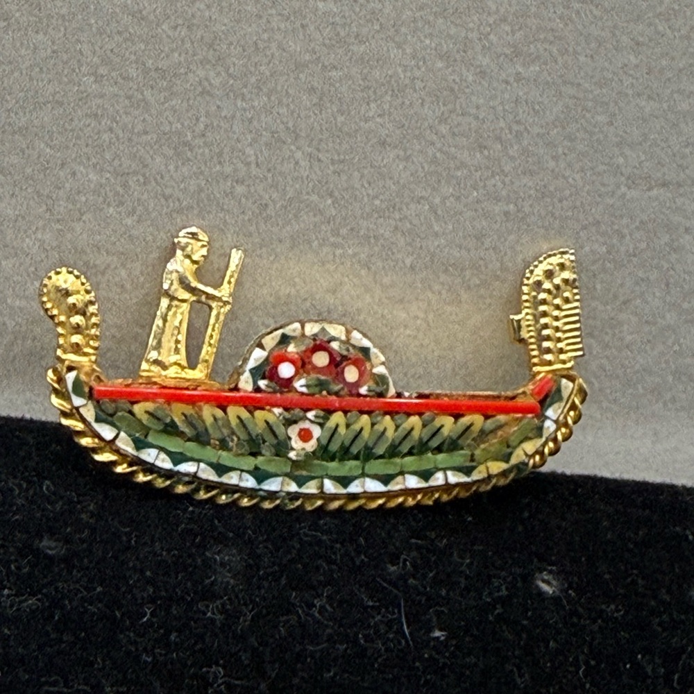 Vintage Italian Micro Mosaic Brooch Venetian Gondola,Colorful, Gold tone,Handset